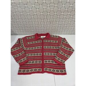 Paul Harris Design Red Tan Fair Isle Zip Up Cardigan Sweater Women's Size L‎